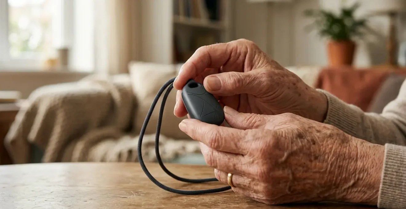 Close-up view of senior's hands wearing modern wearable fall detection device showing sensor technology and safety features