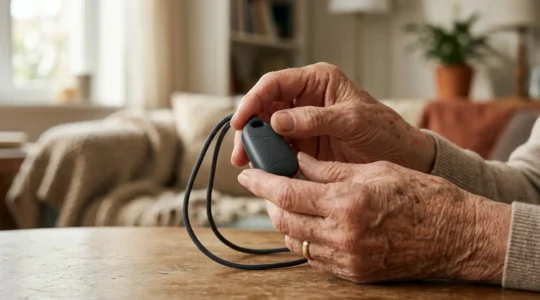 Close-up view of senior's hands wearing modern wearable fall detection device showing sensor technology and safety features