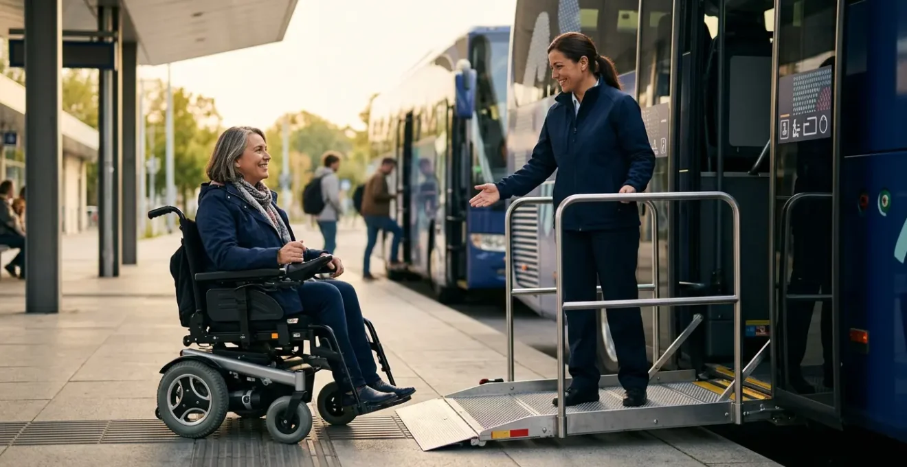 Accessible coach travel showing wheelchair-friendly boarding assistance for limited mobility passengers
