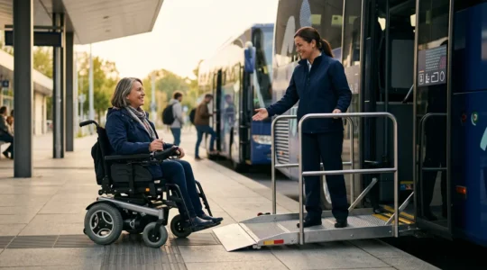 Accessible coach travel showing wheelchair-friendly boarding assistance for limited mobility passengers