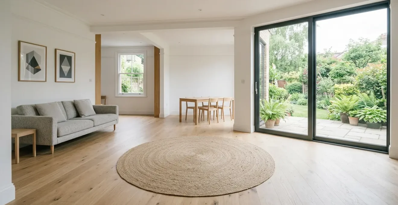 Spacious open-plan ground floor interior in UK semi-detached home showing wheelchair-friendly turning space
