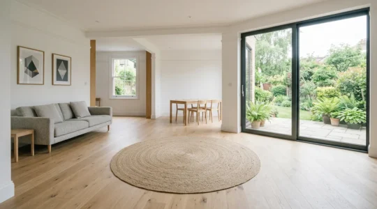 Spacious open-plan ground floor interior in UK semi-detached home showing wheelchair-friendly turning space
