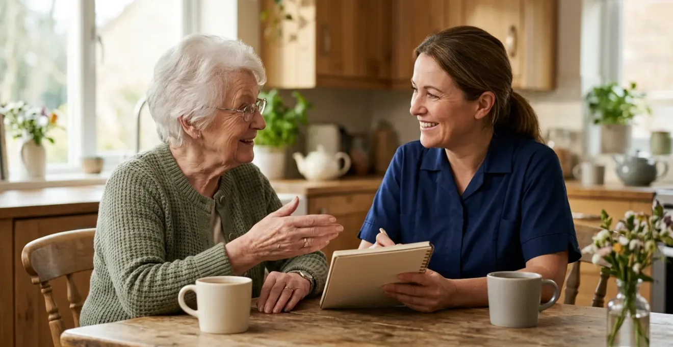 Senior and professional carer collaborating together in a warm home environment during care planning