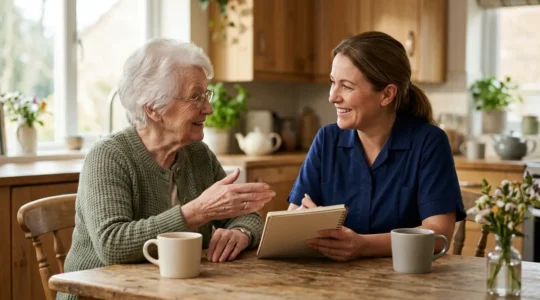 Senior and professional carer collaborating together in a warm home environment during care planning