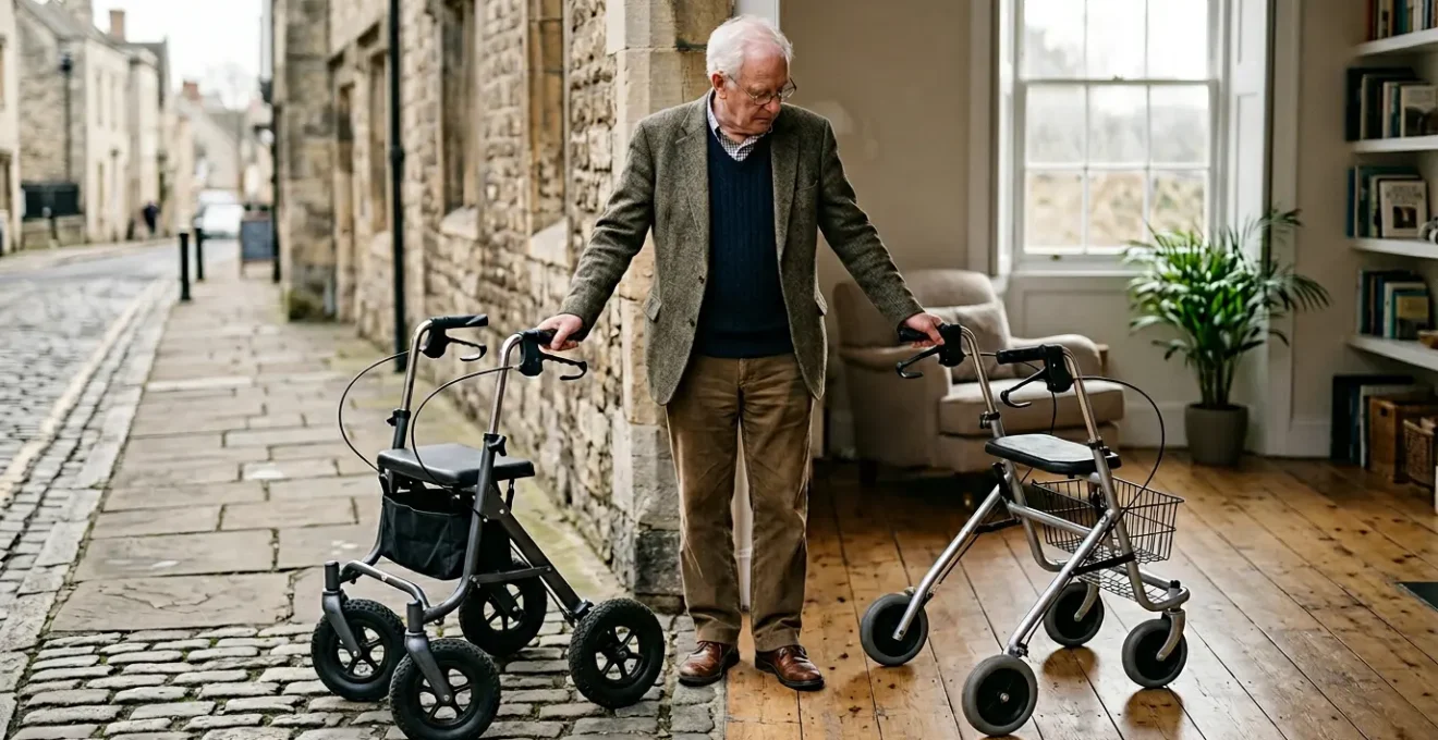 Senior choosing between two rollators in British urban environment with cobblestone and indoor setting