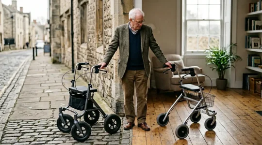 Senior choosing between two rollators in British urban environment with cobblestone and indoor setting