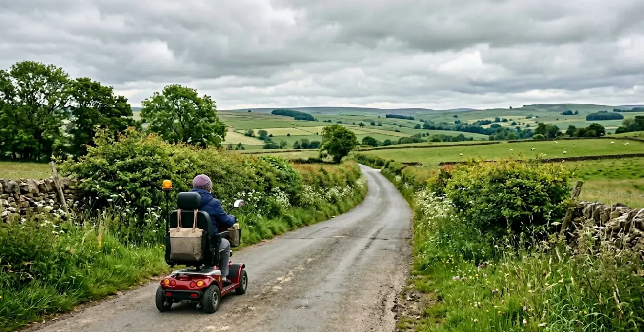 Senior using Class 3 mobility scooter on UK country road surrounded by rolling hills