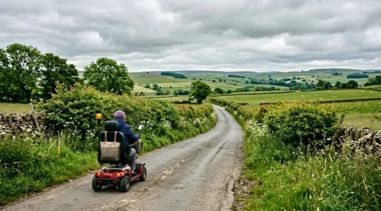 Senior using Class 3 mobility scooter on UK country road surrounded by rolling hills