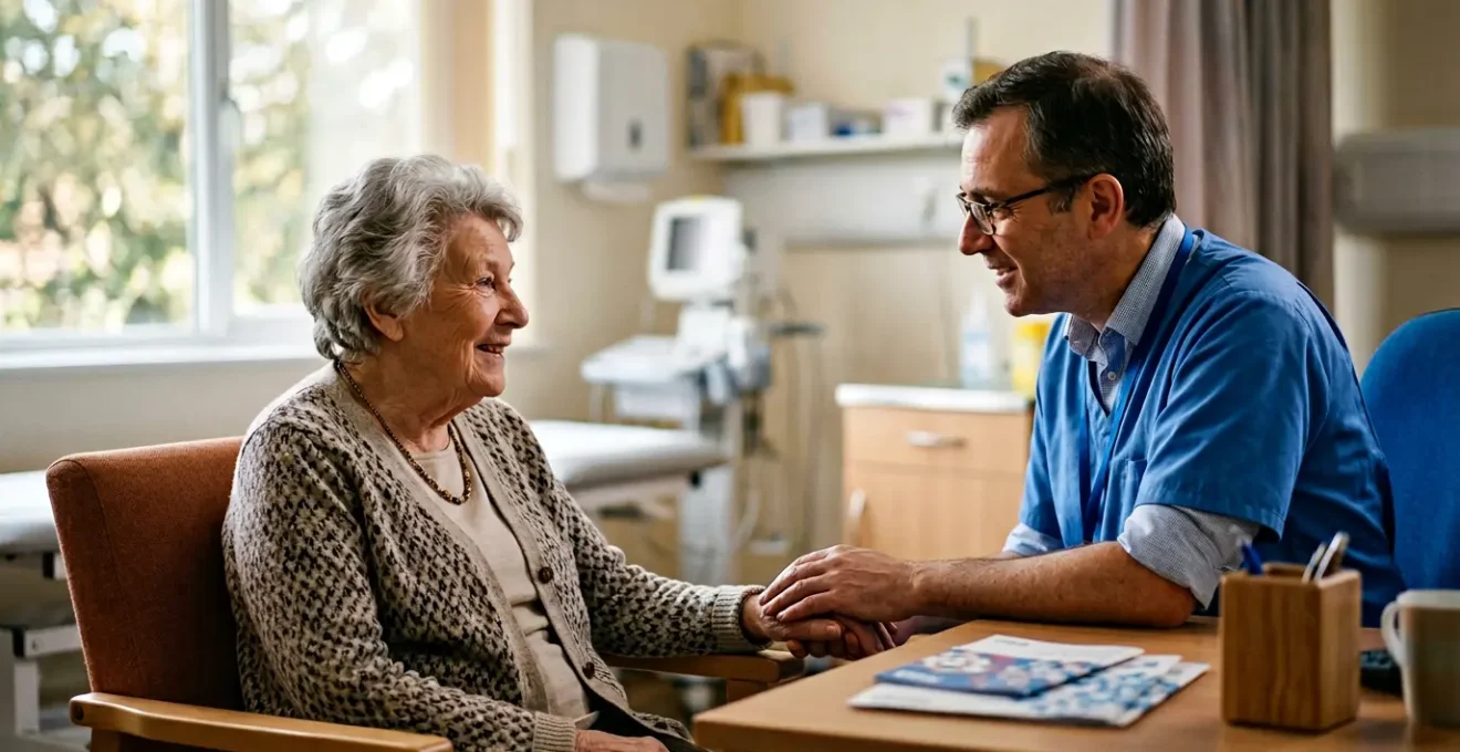 Elderly patient receiving holistic care consultation from healthcare team in UK setting