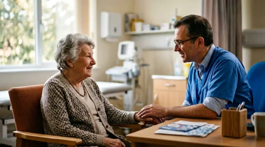 Elderly patient receiving holistic care consultation from healthcare team in UK setting