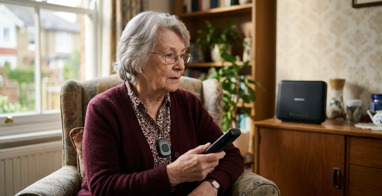 Elderly person with pendant alarm during the UK digital telephone switchover