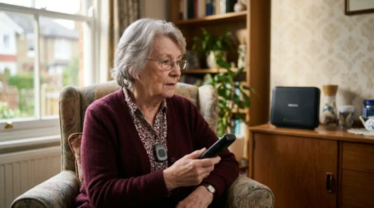 Elderly person with pendant alarm during the UK digital telephone switchover