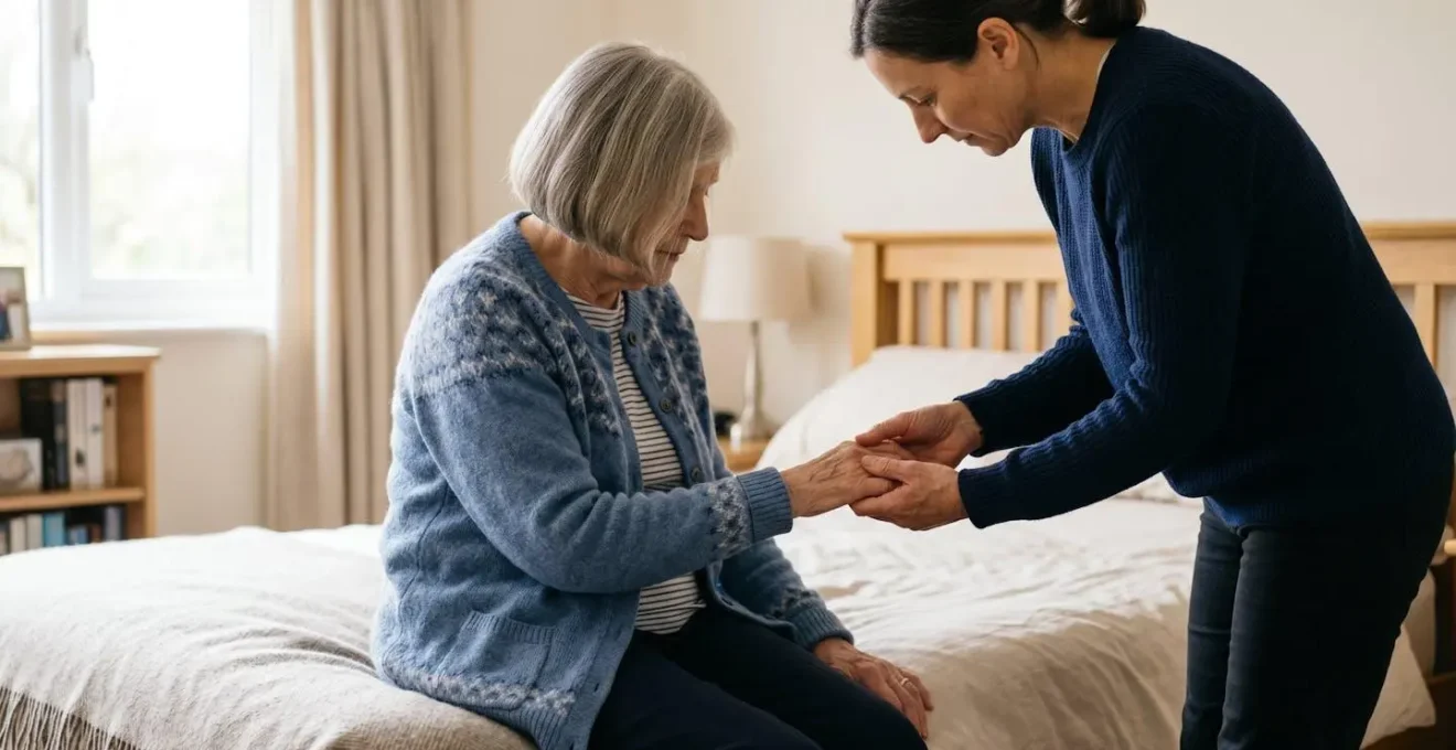 A tender moment of respectful personal care assistance at home for an elderly person