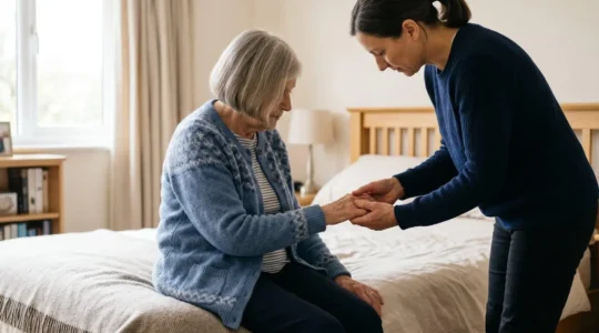 A tender moment of respectful personal care assistance at home for an elderly person
