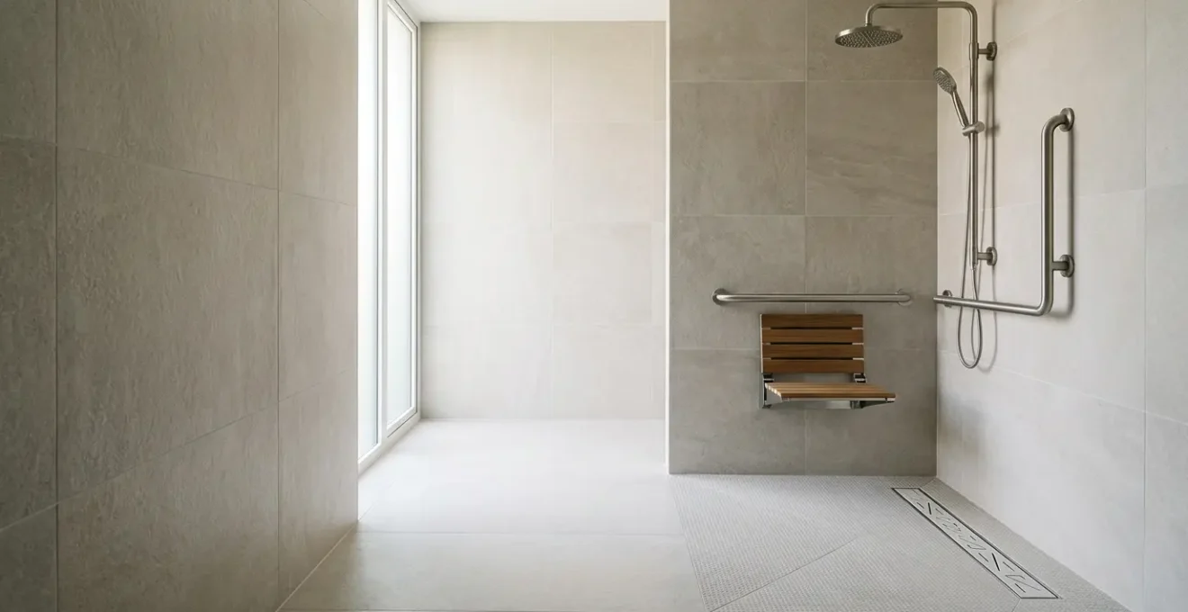 Accessible wet room with level-access shower, grab rails, and modern non-slip flooring showcasing mobility adaptation