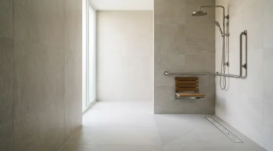 Accessible wet room with level-access shower, grab rails, and modern non-slip flooring showcasing mobility adaptation