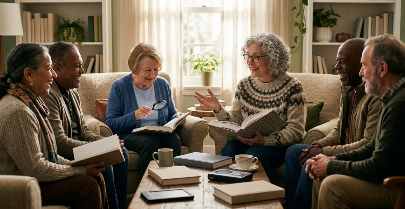 Diverse group of seniors gathered in a welcoming book club setting with large-print books and adaptive reading aids