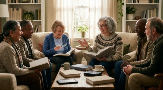 Diverse group of seniors gathered in a welcoming book club setting with large-print books and adaptive reading aids