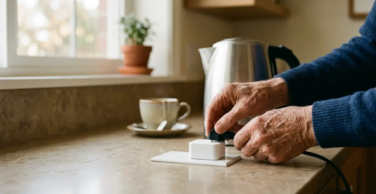 Close-up of elderly hands plugging in an electric kettle with a smart plug device, natural morning kitchen light