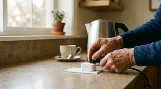 Close-up of elderly hands plugging in an electric kettle with a smart plug device, natural morning kitchen light
