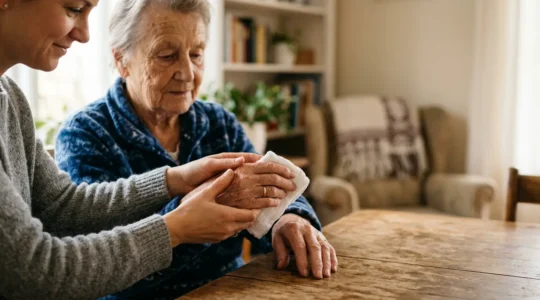 Senior adult receiving compassionate assistance with daily personal care activities, illustrating the dignity and support central to Attendance Allowance eligibility