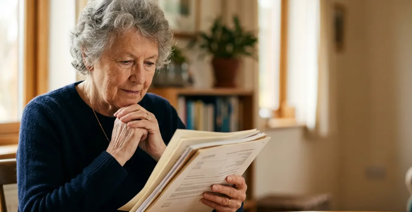 Senior adult carefully examining official care quality commission report with focused attention in natural daylight