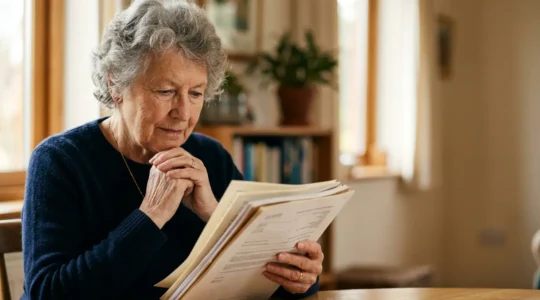Senior adult carefully examining official care quality commission report with focused attention in natural daylight