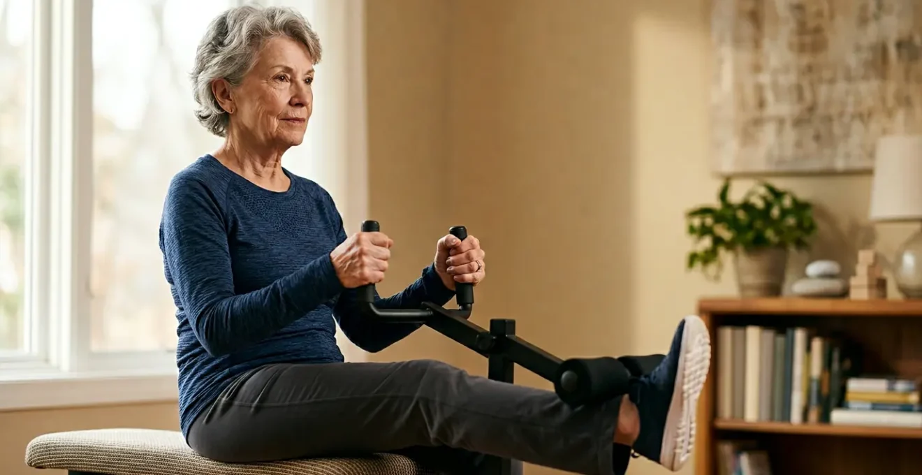 Senior adult performing strength training exercise with determination and proper form