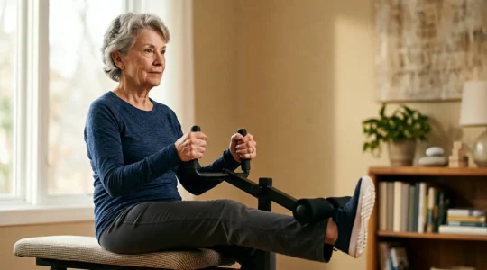 Senior adult performing strength training exercise with determination and proper form