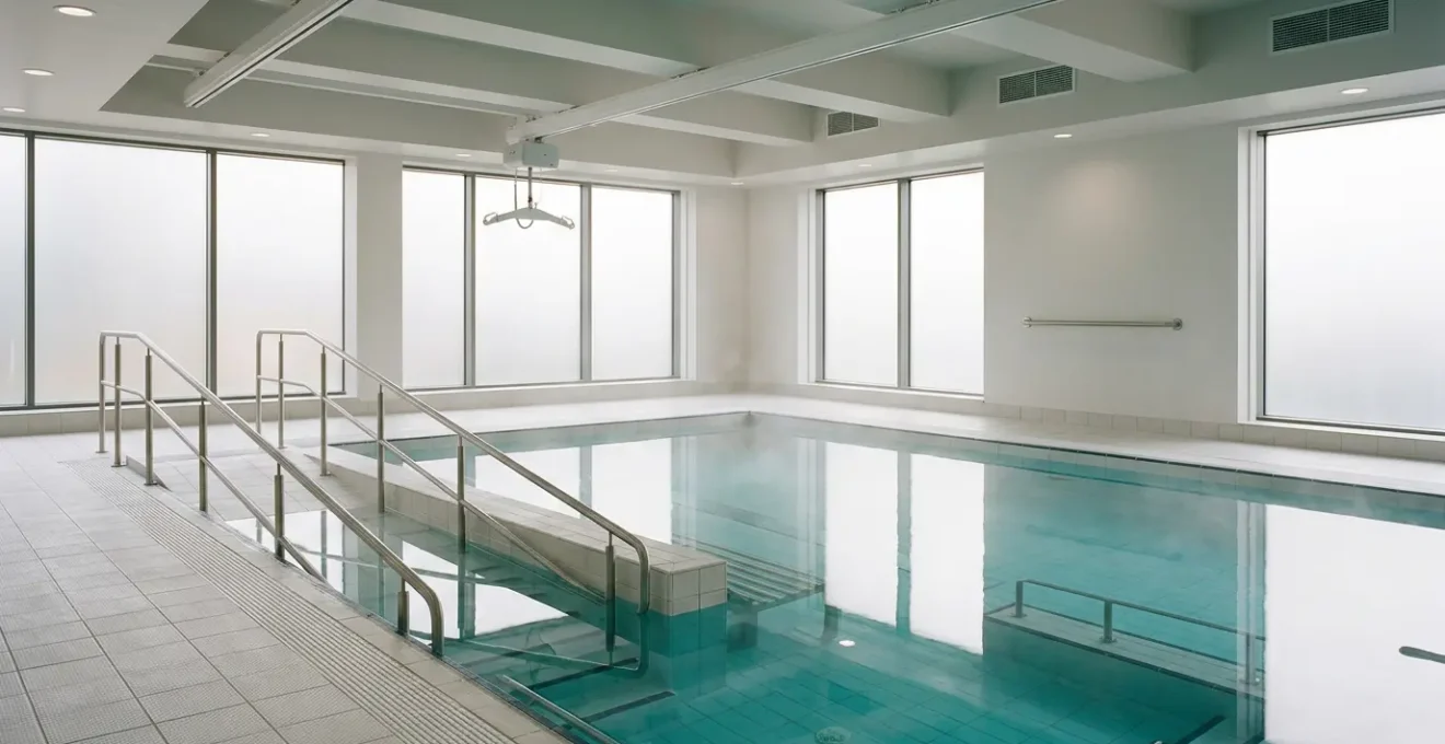 Senior woman safely entering a warm hydrotherapy pool using ceiling track hoist system in NHS facility