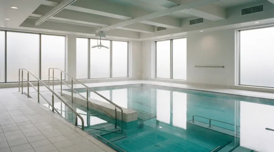 Senior woman safely entering a warm hydrotherapy pool using ceiling track hoist system in NHS facility