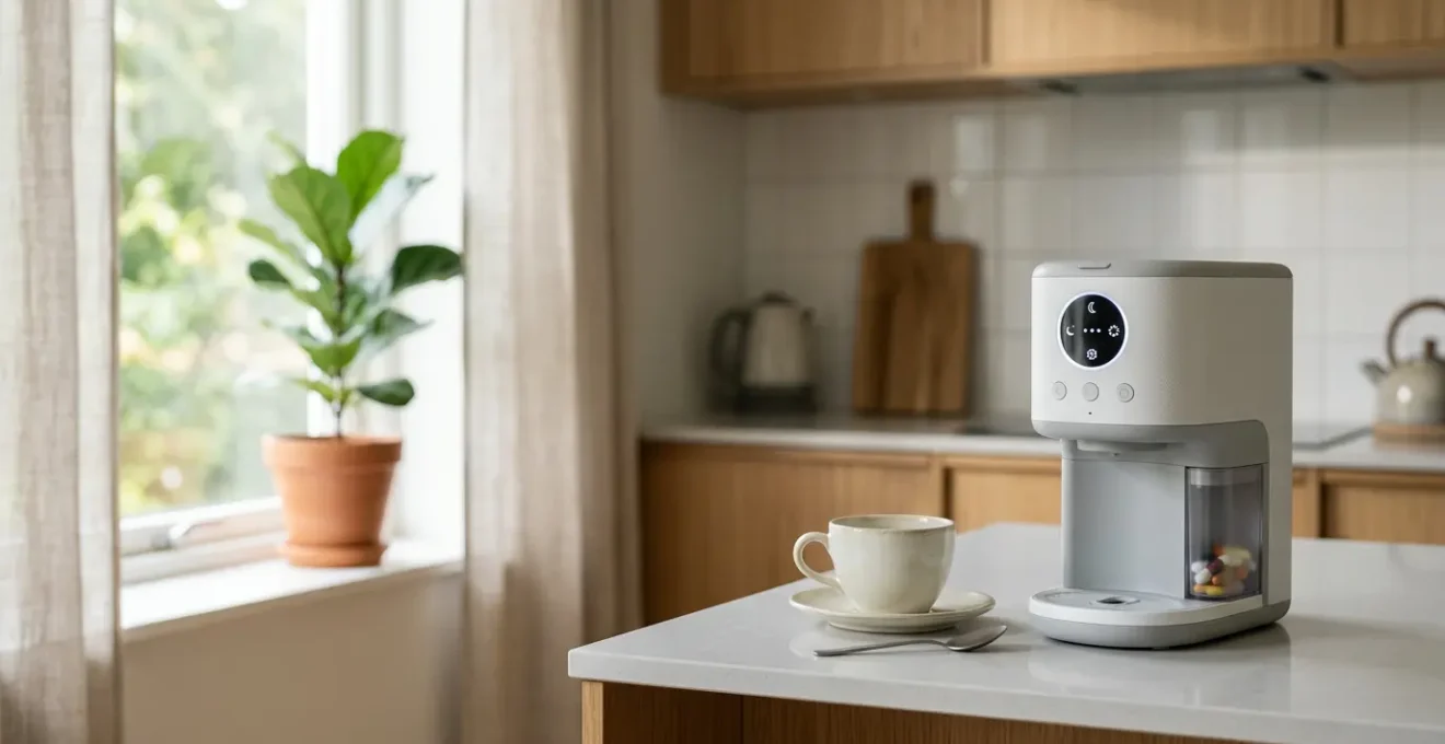 Electronic pill dispenser on kitchen counter with organized weekly medication compartments for senior care