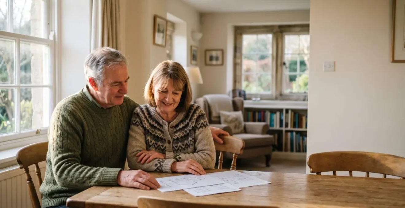 Senior couple planning their retirement routine together in a bright UK home setting