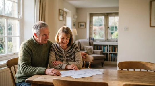 Senior couple planning their retirement routine together in a bright UK home setting