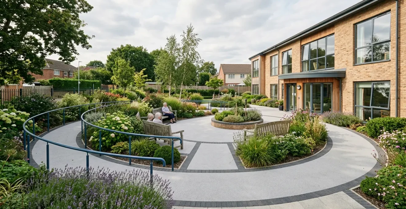 Modern dementia care home exterior with accessible garden pathways, contrasting color features, and safe outdoor spaces in natural daylight