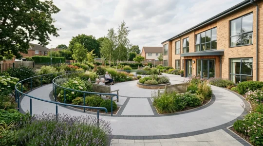 Modern dementia care home exterior with accessible garden pathways, contrasting color features, and safe outdoor spaces in natural daylight