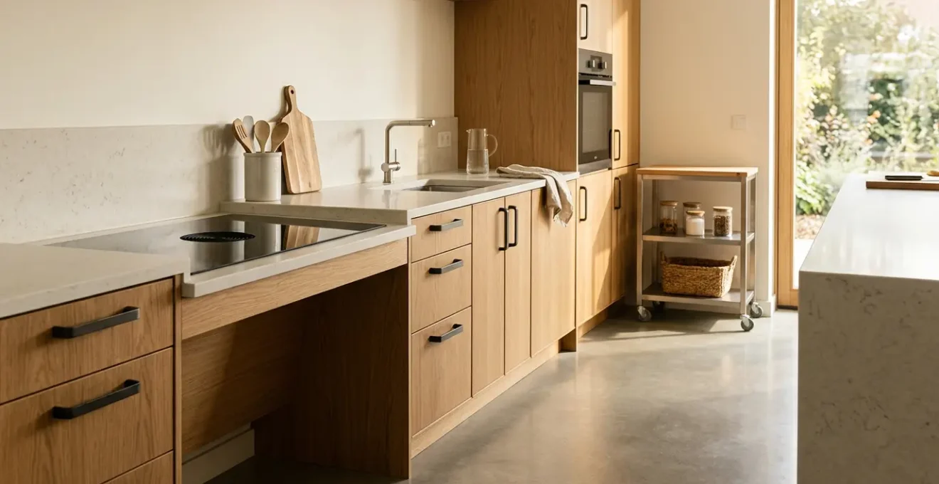 Ergonomic kitchen workspace designed at optimal height for seated and standing users with accessible storage within easy reach