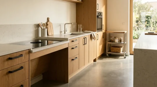 Ergonomic kitchen workspace designed at optimal height for seated and standing users with accessible storage within easy reach
