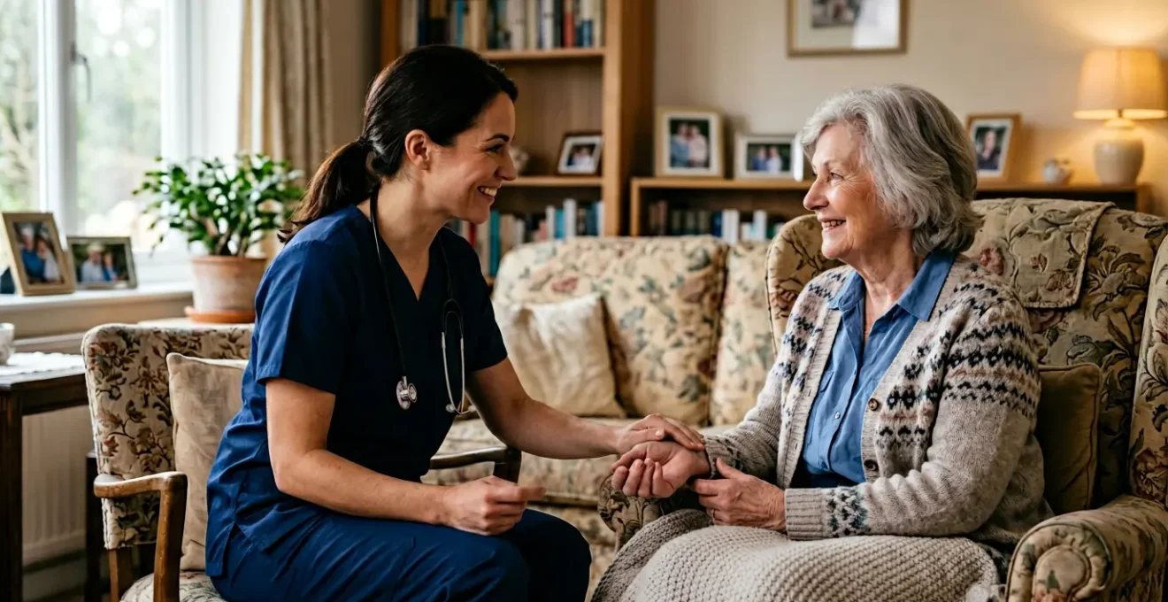 Senior receiving professional medical care in comfortable home environment with family support