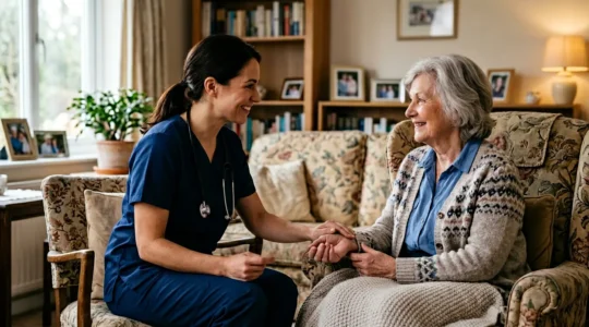 Senior receiving professional medical care in comfortable home environment with family support