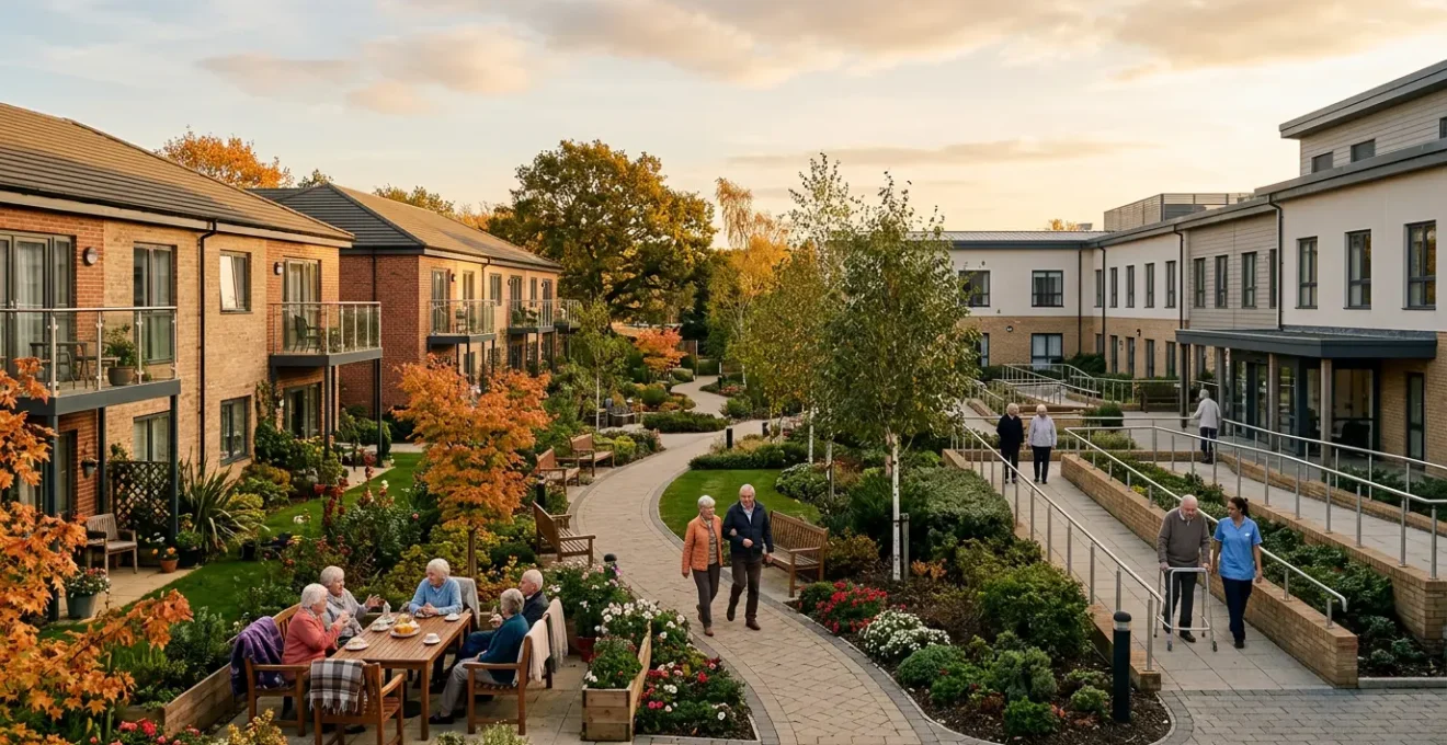 Serene retirement village setting showing contrast between independent living and care environments