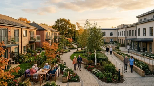 Serene retirement village setting showing contrast between independent living and care environments