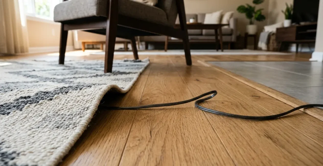 Close-up view of a living room floor showing subtle trip hazards like rug edge transitions and electrical cord loops in natural daylight