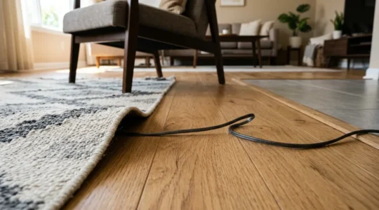 Close-up view of a living room floor showing subtle trip hazards like rug edge transitions and electrical cord loops in natural daylight