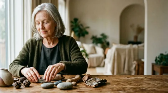 Senior adult engaging in cognitive stimulation activity through novel sensory experience