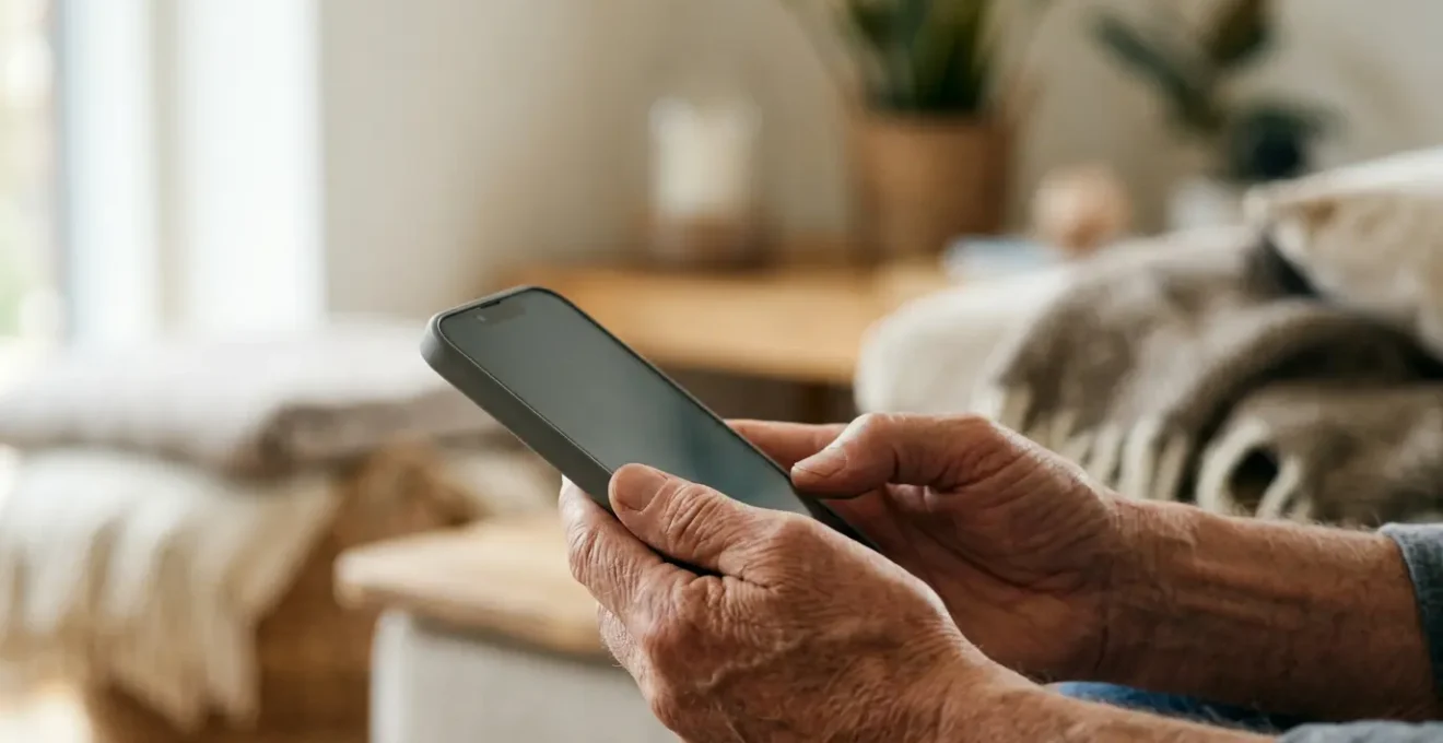 Senior person using smartphone to order repeat prescriptions through NHS App in comfortable home setting