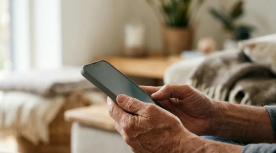 Senior person using smartphone to order repeat prescriptions through NHS App in comfortable home setting