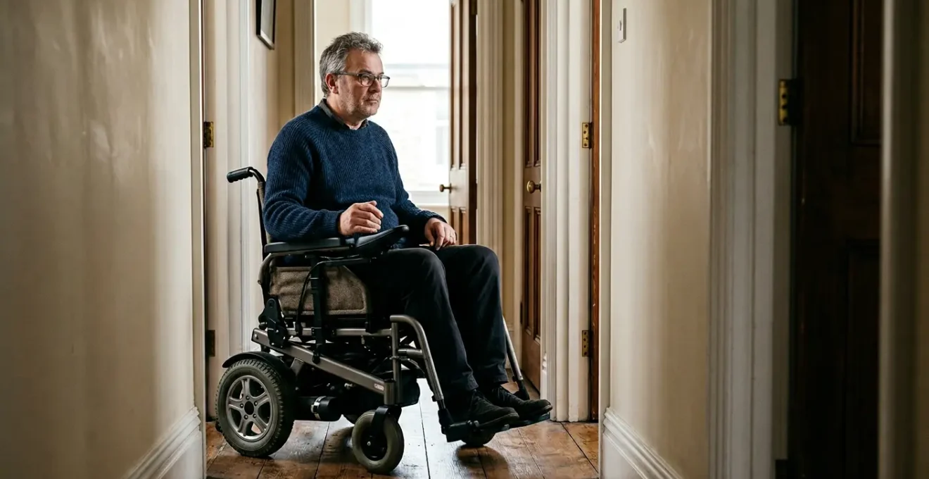 Person navigating a powered wheelchair through a narrow hallway in a UK home, demonstrating indoor mobility assessment criteria