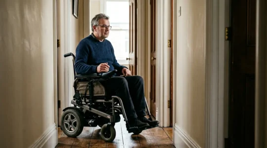 Person navigating a powered wheelchair through a narrow hallway in a UK home, demonstrating indoor mobility assessment criteria