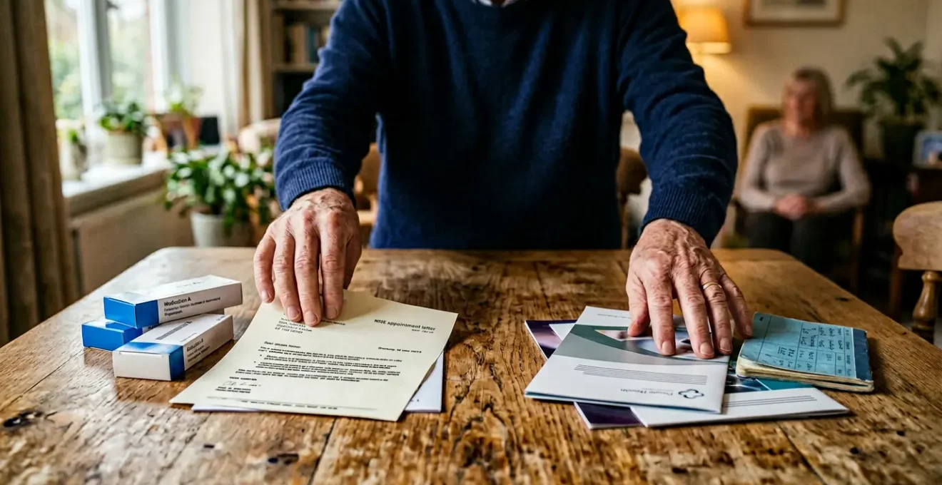 Senior person reviewing healthcare documents and financial planning materials in a calm home setting